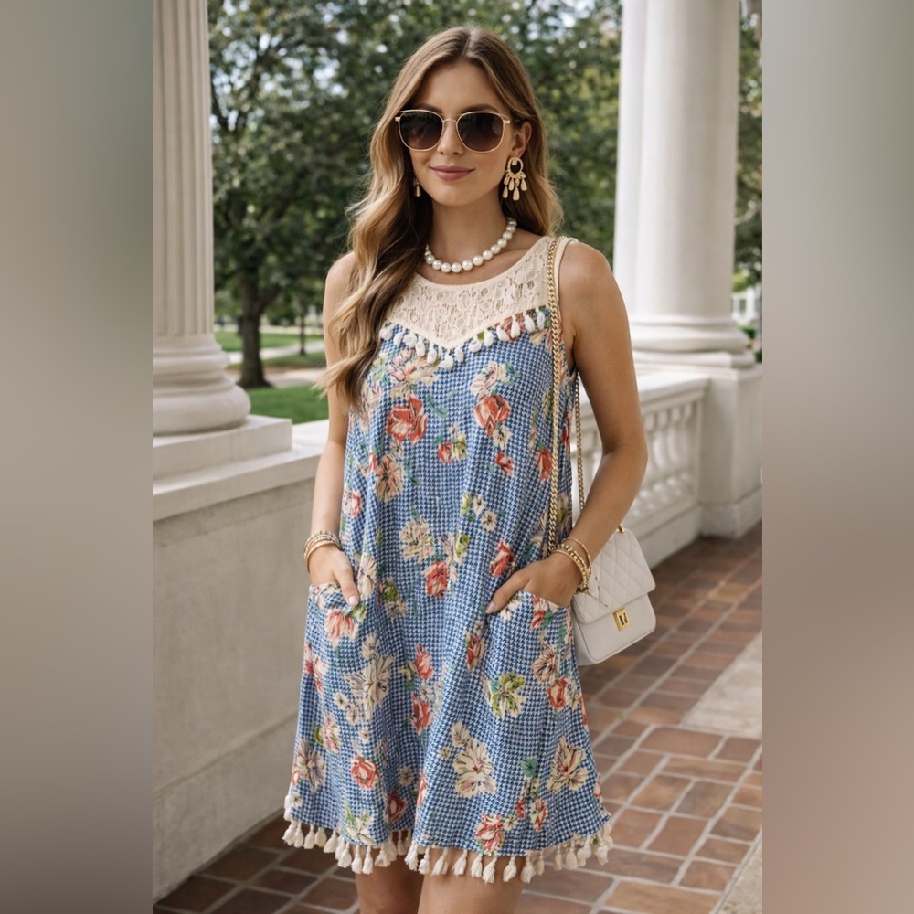 Blue houndstooth boho & floral Lace-Trim Sundress with pockets size S